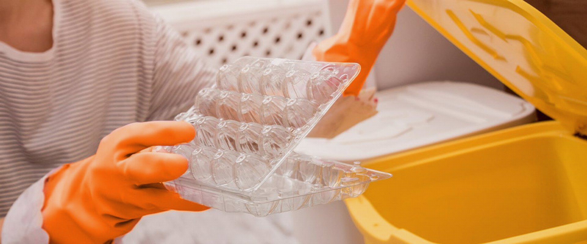 Eine Person mit orangefarbenen Plastikhandschuhen hält eine klare Kunststoffverpackung von Eiern und steht im Begriff, sie in einen offenen gelben Müllbehälter zu werfen.