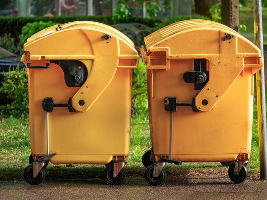 Zwei gelbe Mülltonnen stehen nebeneinander auf einem Gehweg mit Grünfläche im Hintergrund.