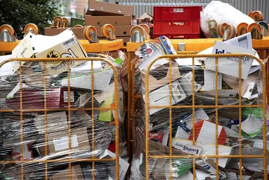 Gebündelter Karton und verschiedene Verpackungsmaterialien in Gitterboxen zur Wiederverwertung.